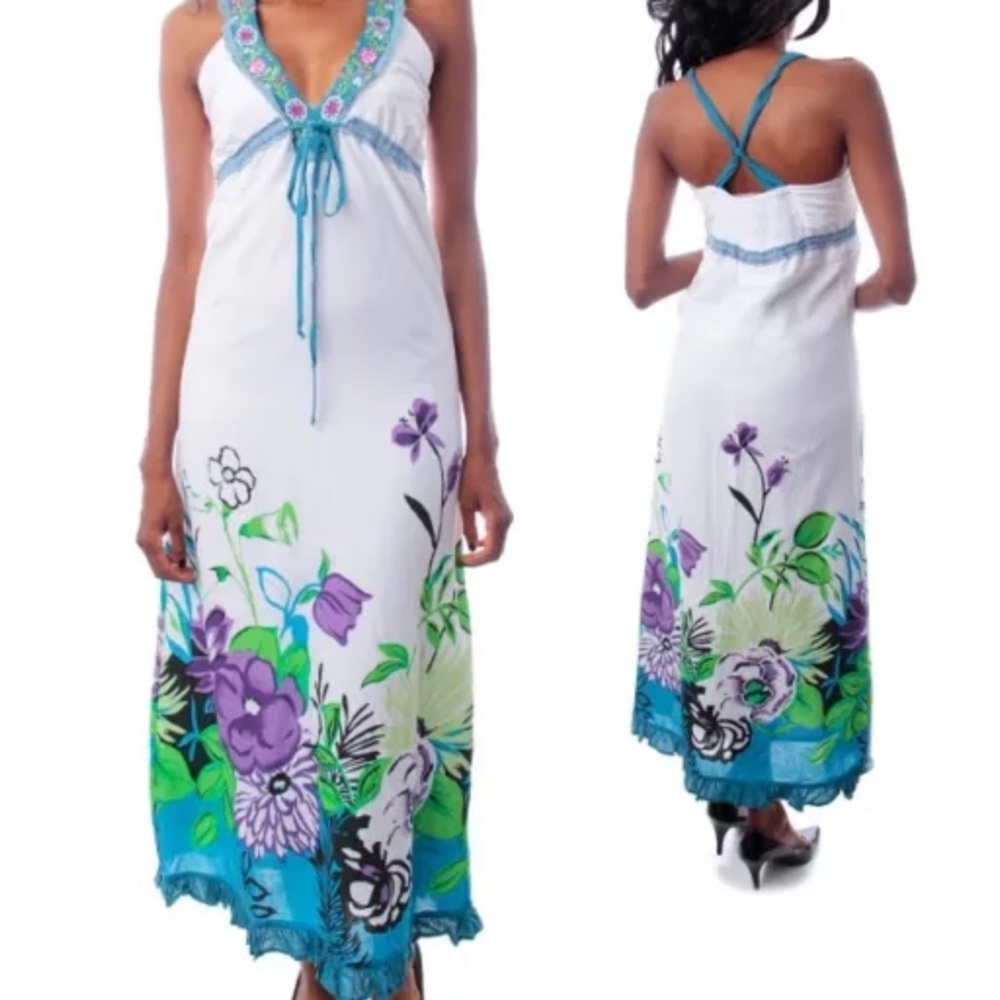 Womens dress maxi sexy summer sun tropical floral 100% cotton lace lined S M L